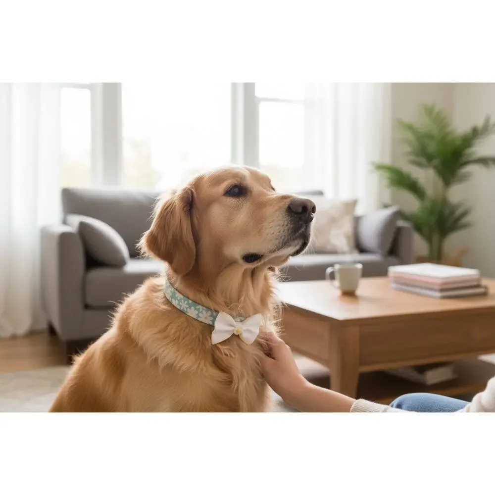 Light Teal dog collar with daisy bow - size medium